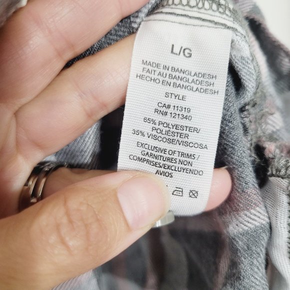 Garage Plaid Long Sleeve Button Front Collared Lace Up Side Shirt Gray White - Picture 5 of 10